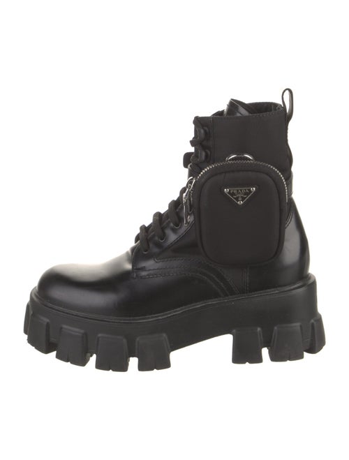 Prada Enameled Metal Triangle Leather Combat Boots