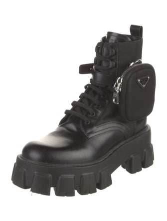 Prada Enameled Metal Triangle Leather Combat Boots