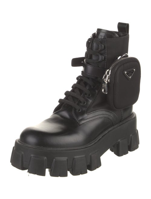 Prada Enameled Metal Triangle Leather Combat Boots