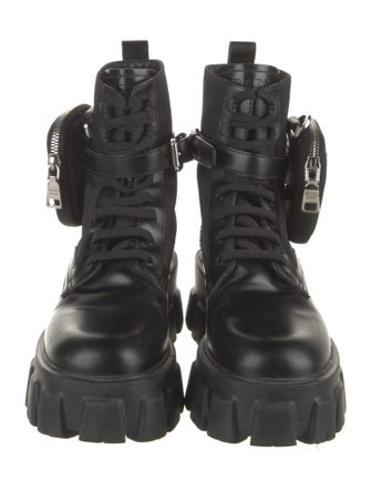 Prada Enameled Metal Triangle Leather Combat Boots