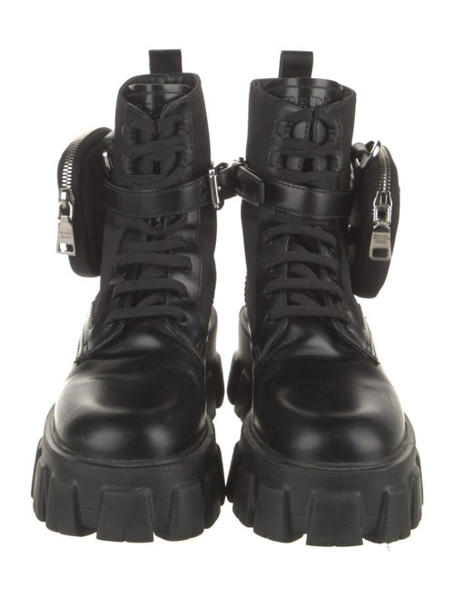 Prada Enameled Metal Triangle Leather Combat Boots
