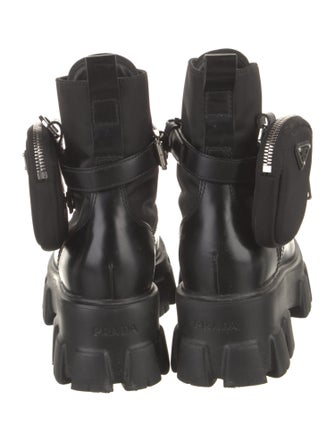 Prada Enameled Metal Triangle Leather Combat Boots