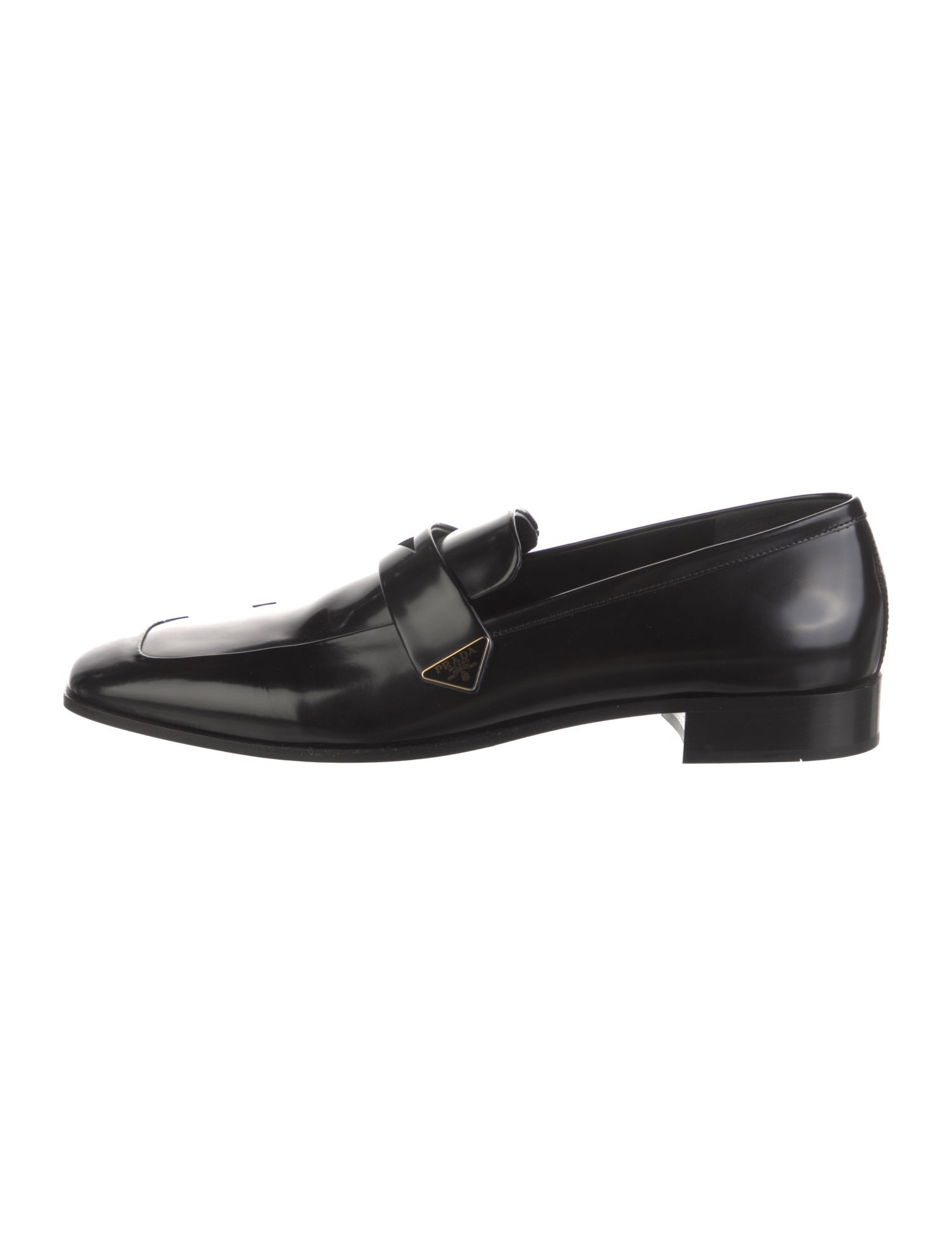 Prada Enameled Metal Triangle Leather Loafers