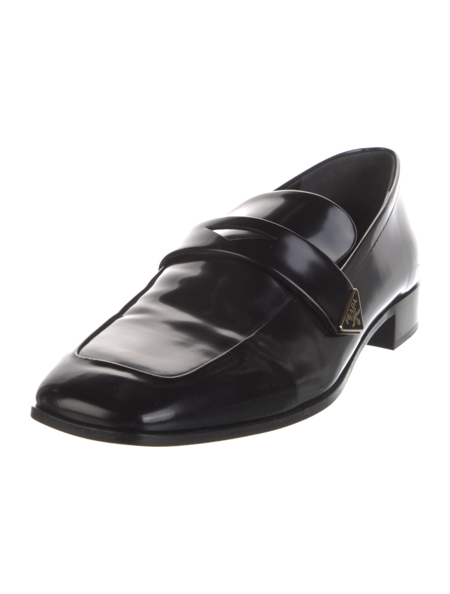 Prada Enameled Metal Triangle Leather Loafers