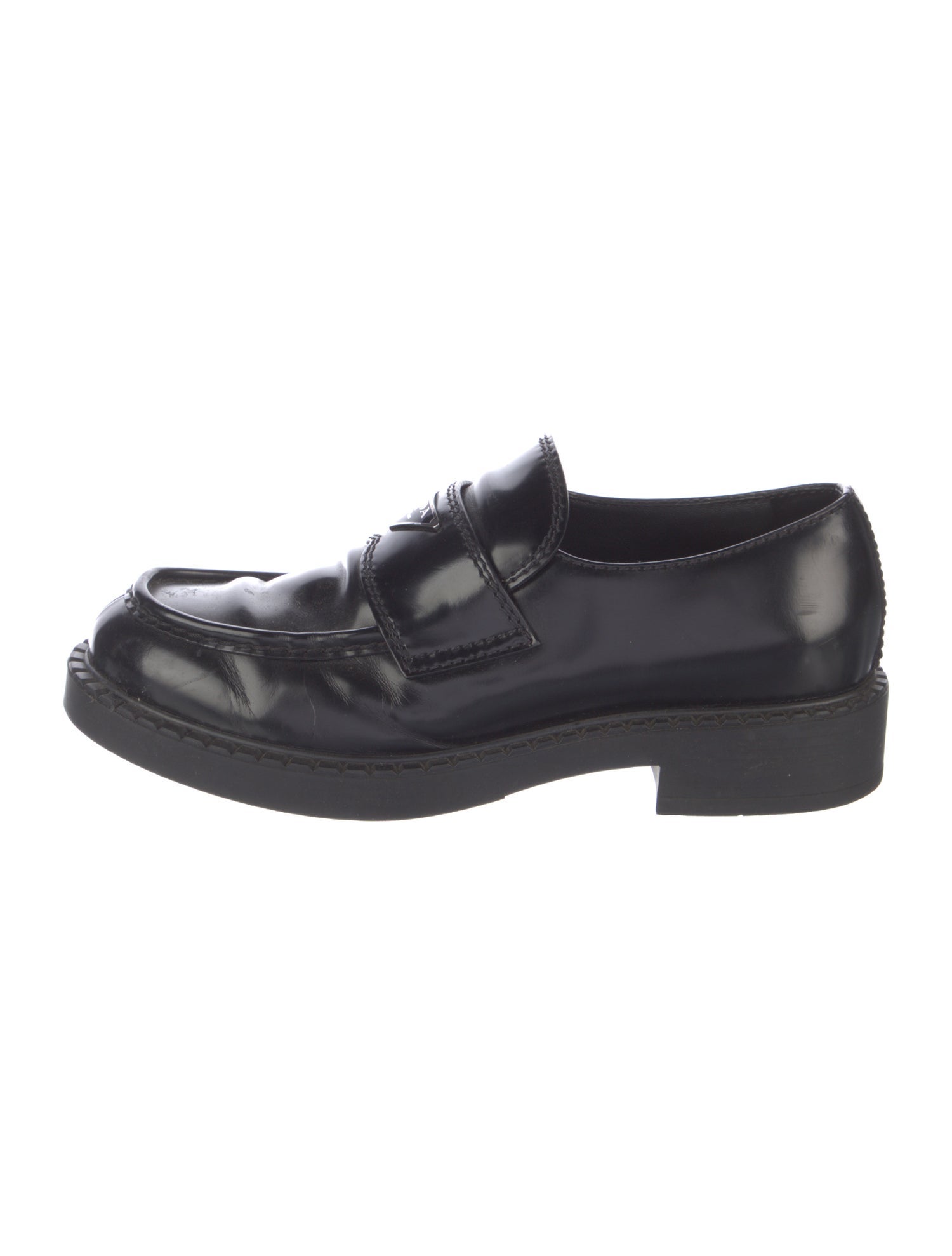 Prada Enameled Metal Triangle Leather Dress Loafers