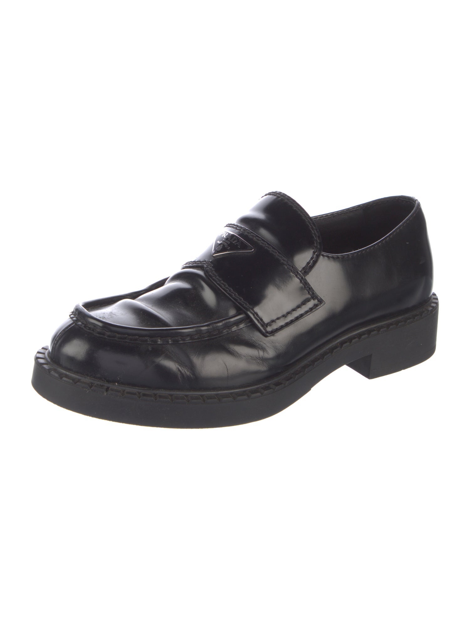 Prada Enameled Metal Triangle Leather Dress Loafers