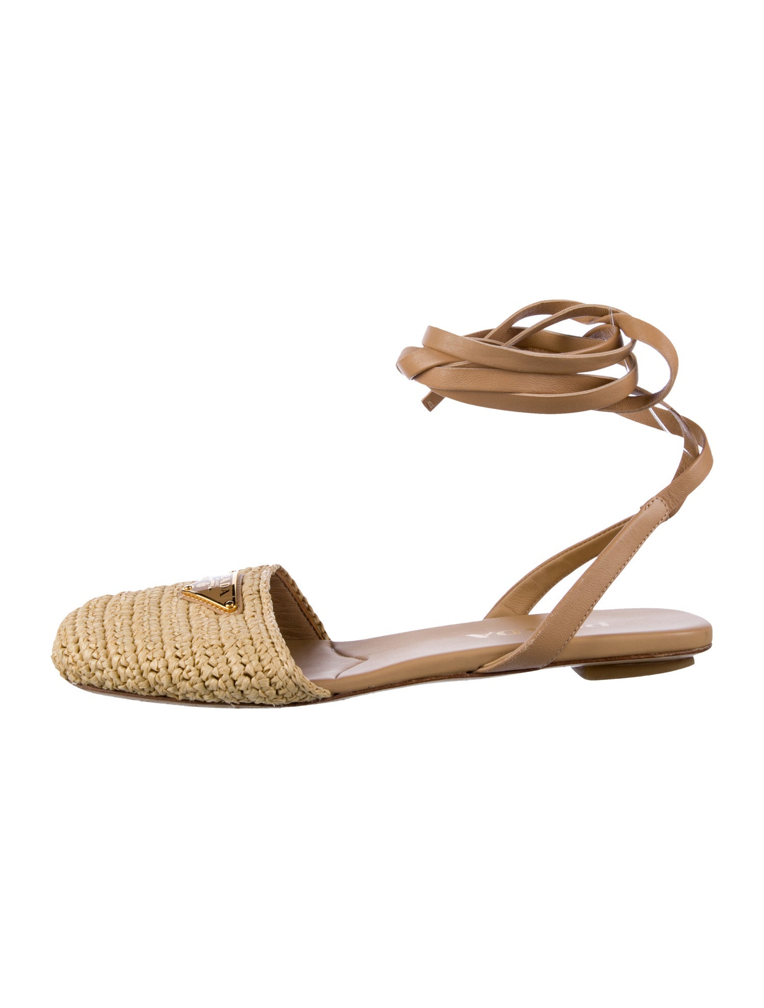 Prada Enameled Metal Triangle Raffia Slingback Flats