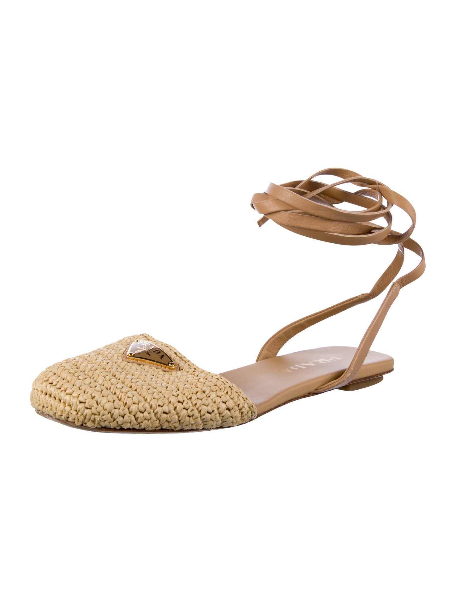 Prada Enameled Metal Triangle Raffia Slingback Flats