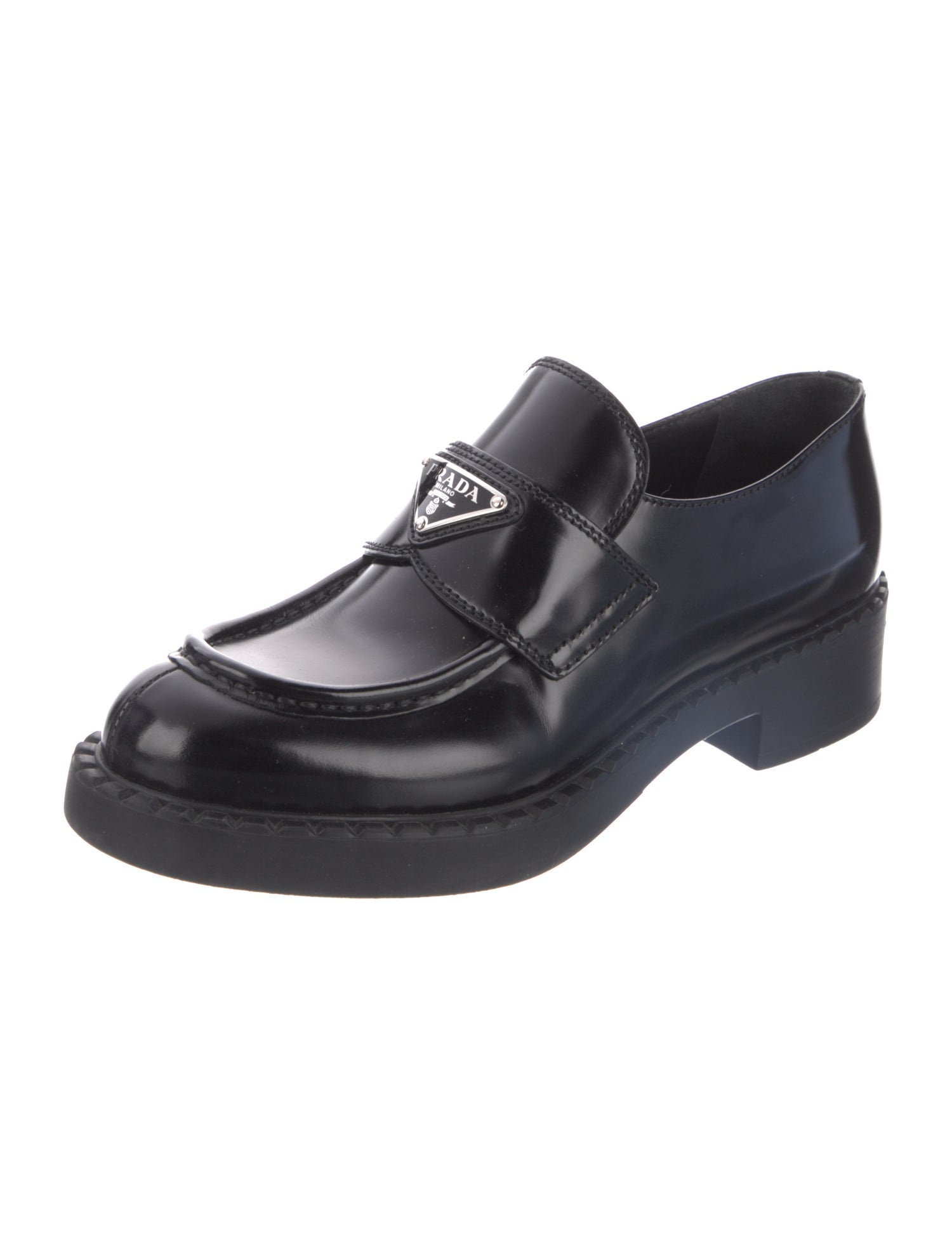 Prada Enameled Metal Triangle Leather Oxfords