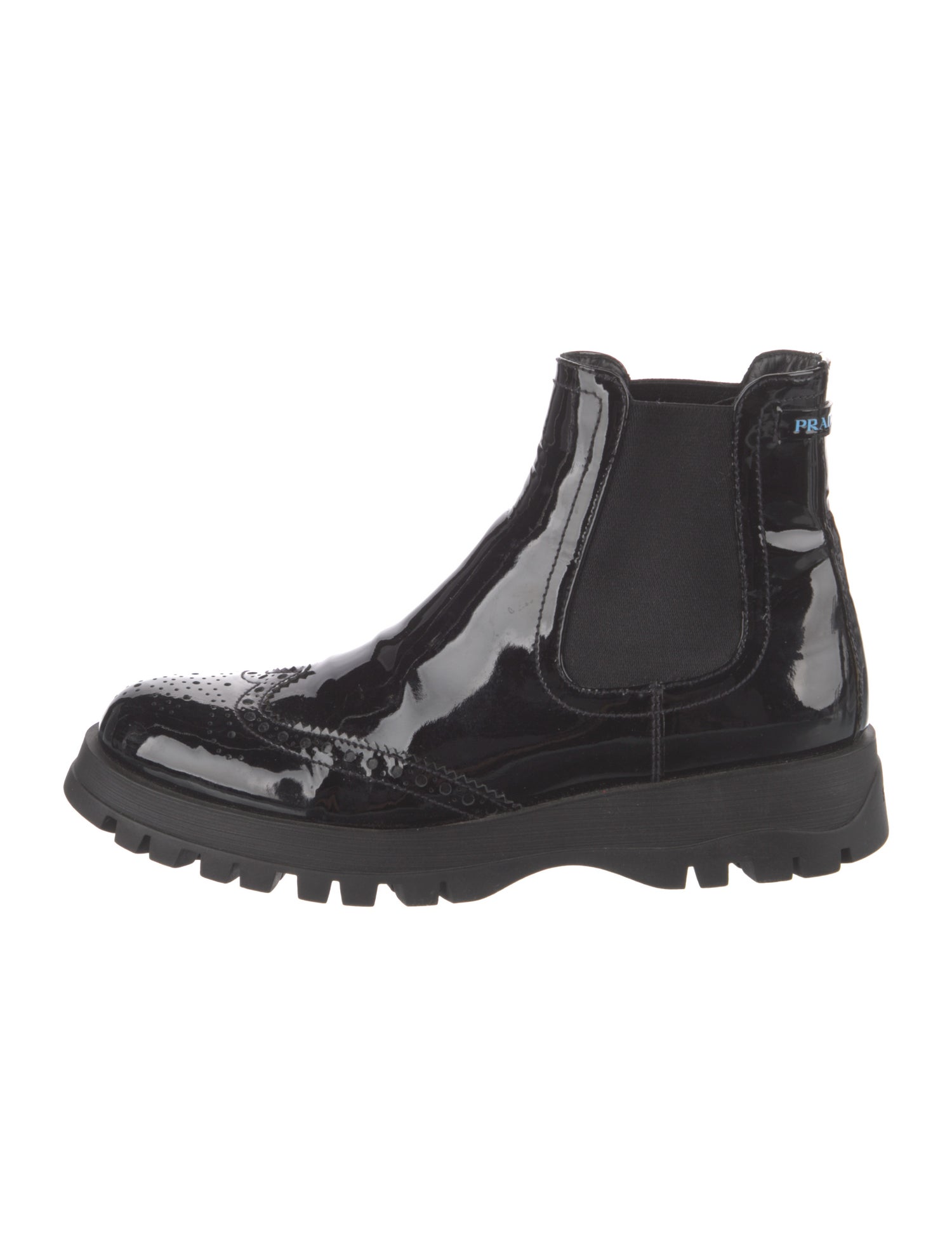 Prada Patent Leather Lasercut Accents Chelsea Boots
