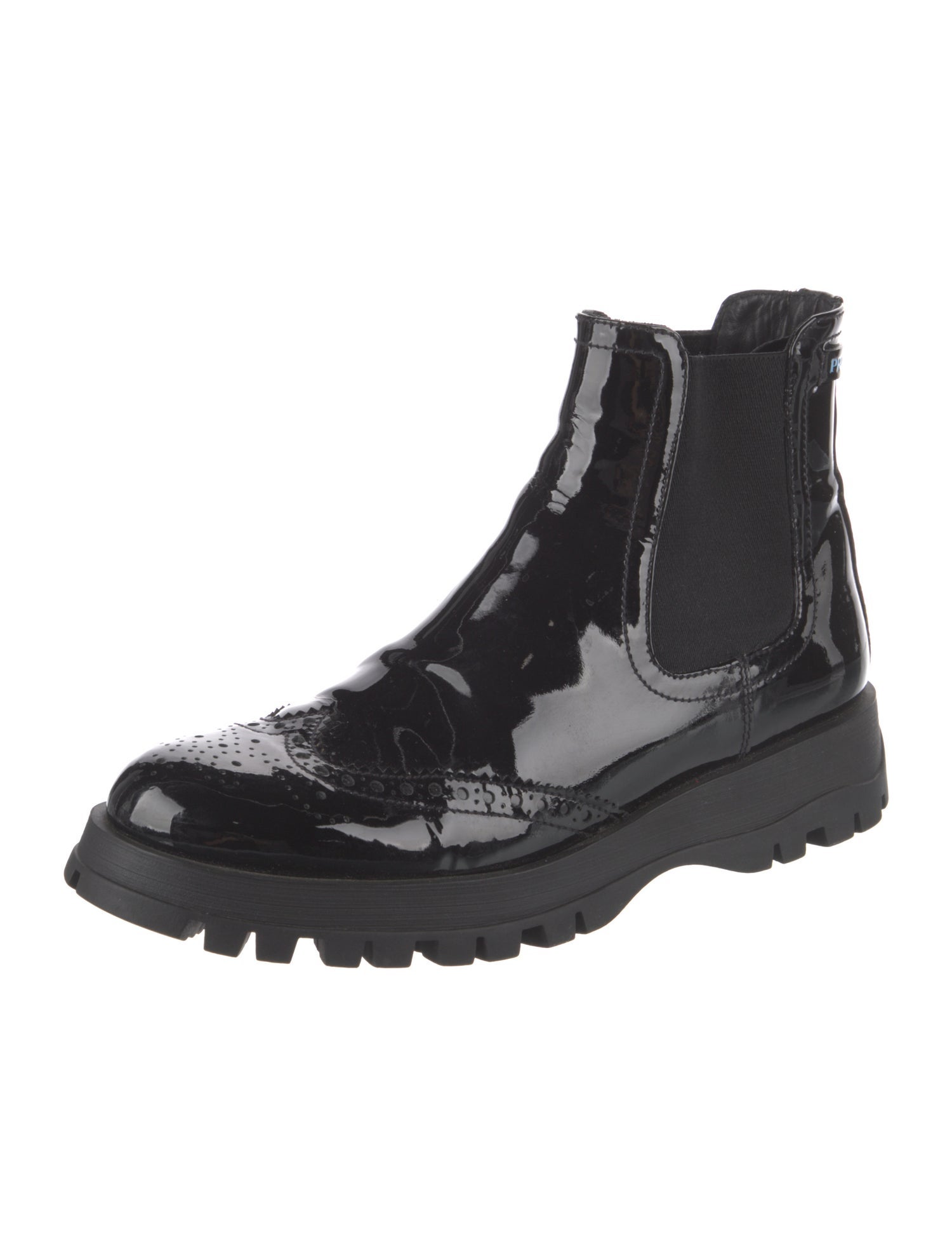 Prada Patent Leather Lasercut Accents Chelsea Boots