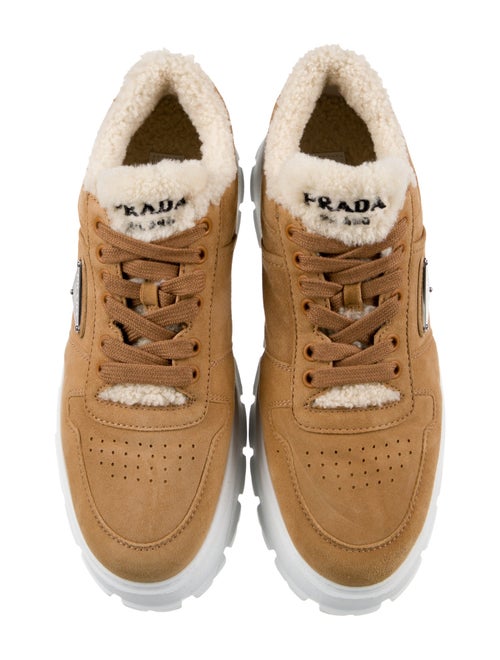 Prada Enameled Metal Triangle Suede Sneakers