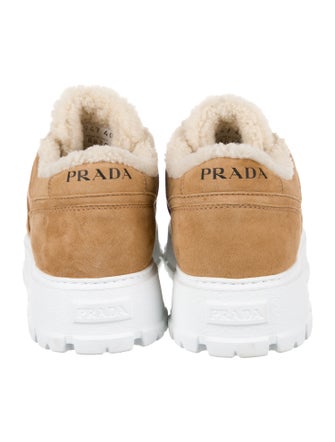 Prada Enameled Metal Triangle Suede Sneakers