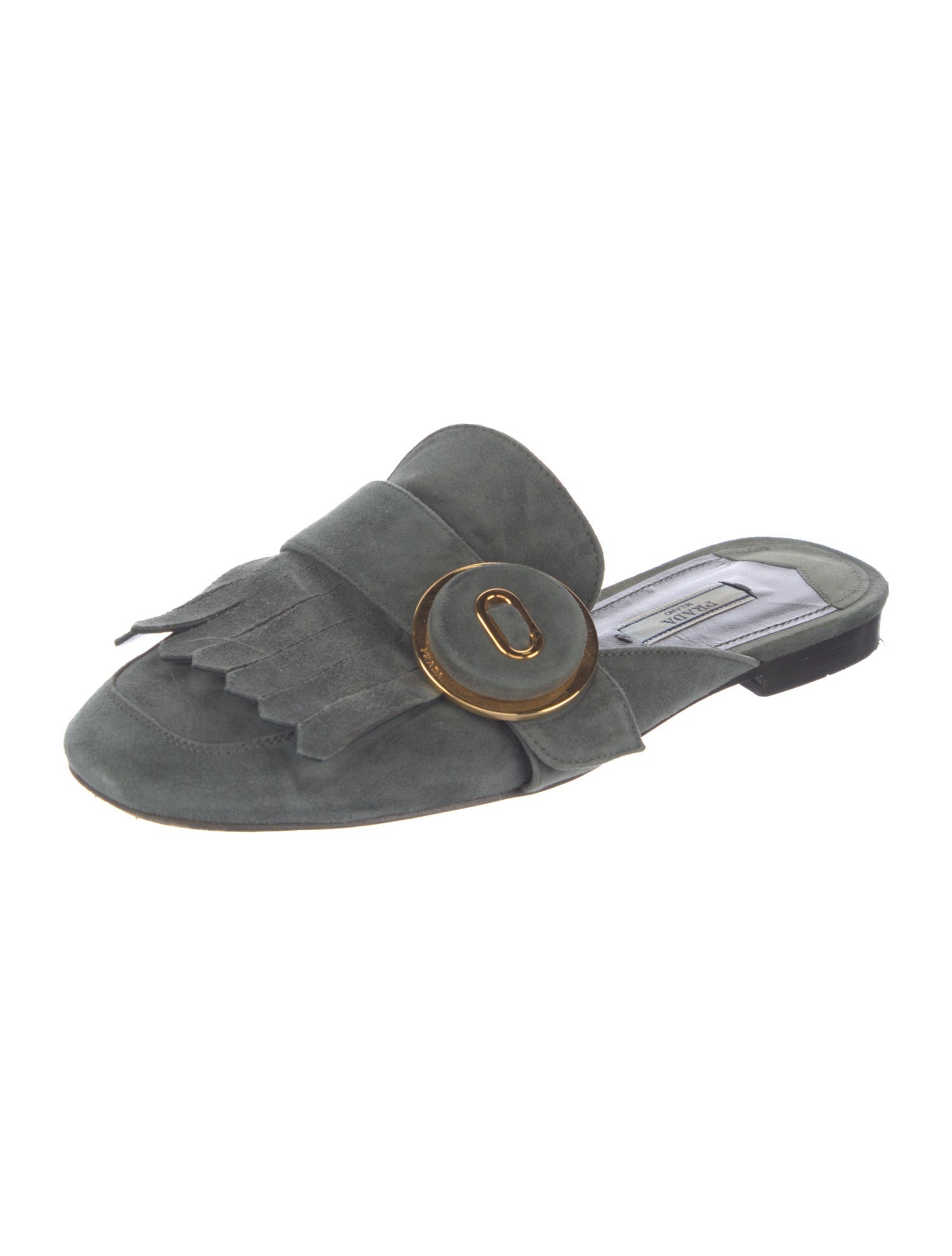 Prada Suede Fringe Trim Accent Mules