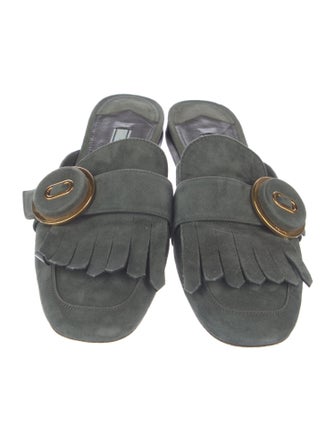 Prada Suede Fringe Trim Accent Mules