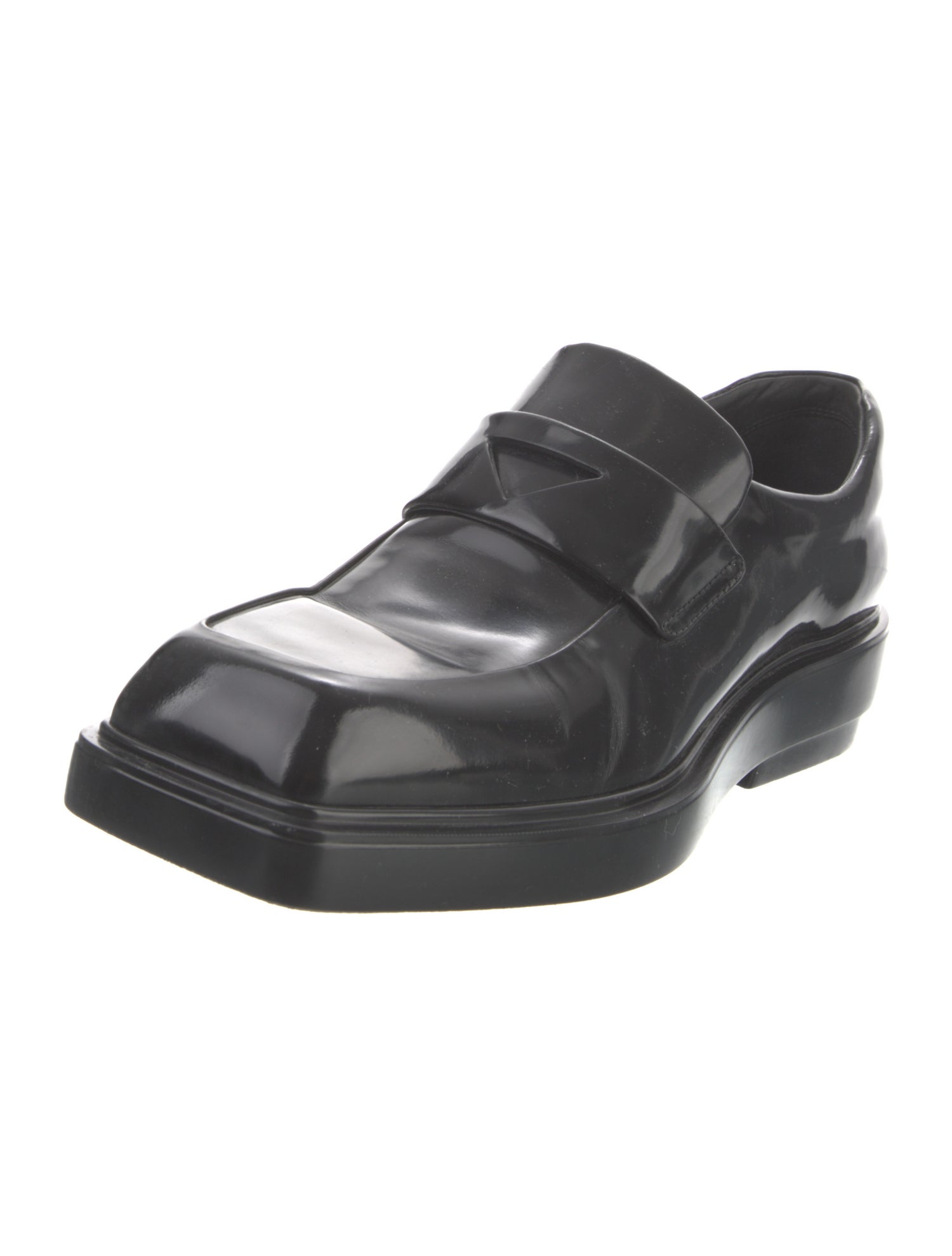 Prada Enameled Metal Triangle Patent Leather Oxfords