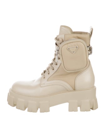 Prada Enameled Metal Triangle Nylon Combat Boots