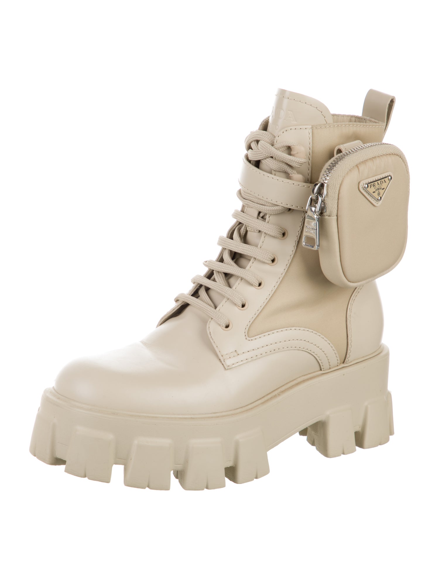 Prada Enameled Metal Triangle Nylon Combat Boots