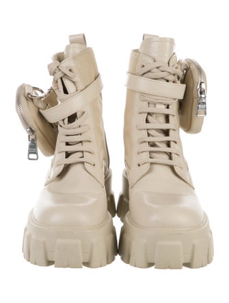 Prada Enameled Metal Triangle Nylon Combat Boots