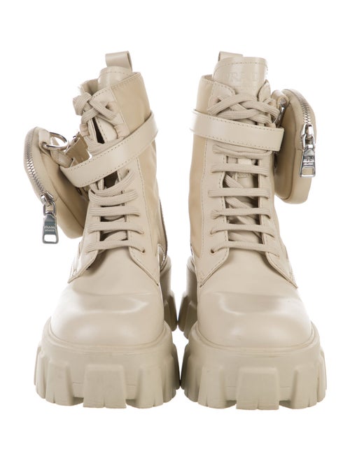 Prada Enameled Metal Triangle Nylon Combat Boots