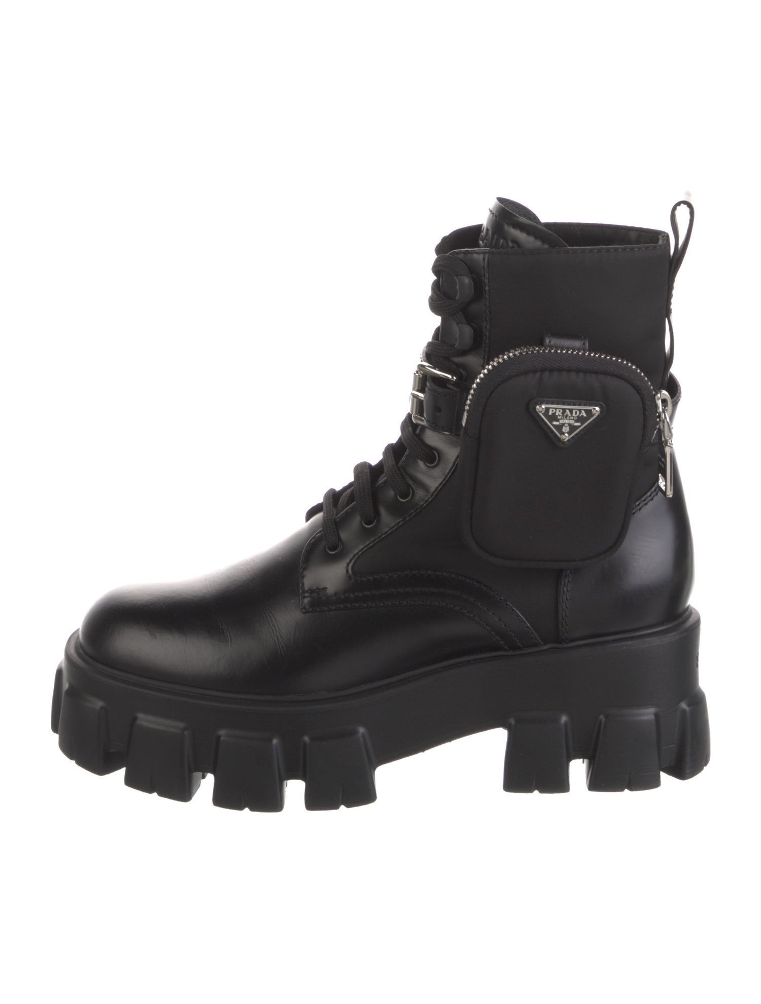 Prada Enameled Metal Triangle Leather Combat Boots