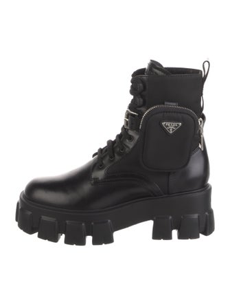 Prada Enameled Metal Triangle Leather Combat Boots