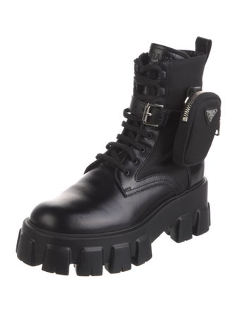 Prada Enameled Metal Triangle Leather Combat Boots