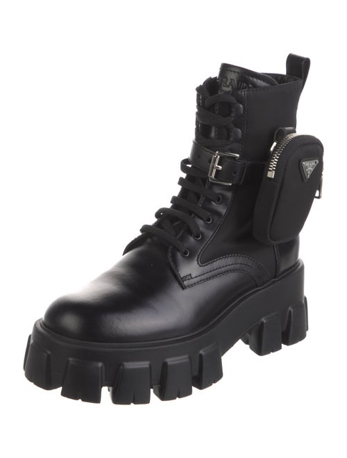 Prada Enameled Metal Triangle Leather Combat Boots