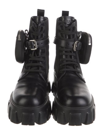 Prada Enameled Metal Triangle Leather Combat Boots