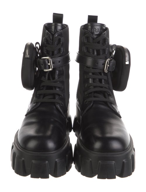 Prada Enameled Metal Triangle Leather Combat Boots