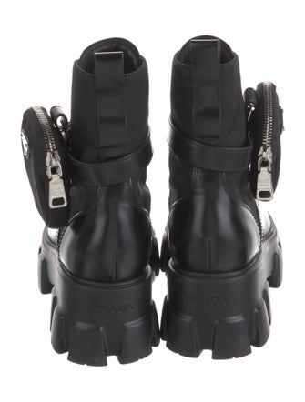 Prada Enameled Metal Triangle Leather Combat Boots