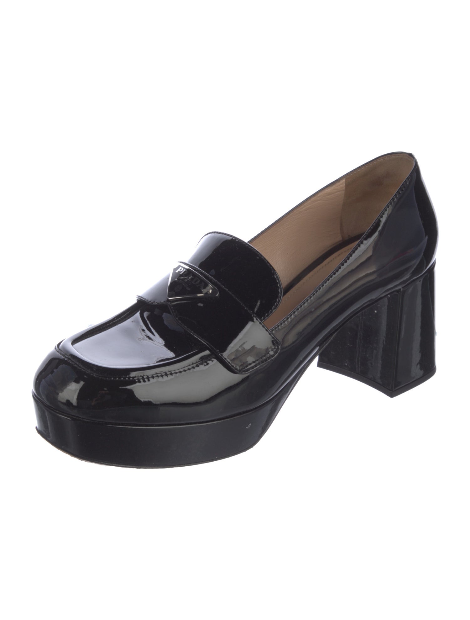 Prada Enameled Metal Triangle Patent Leather Loafers