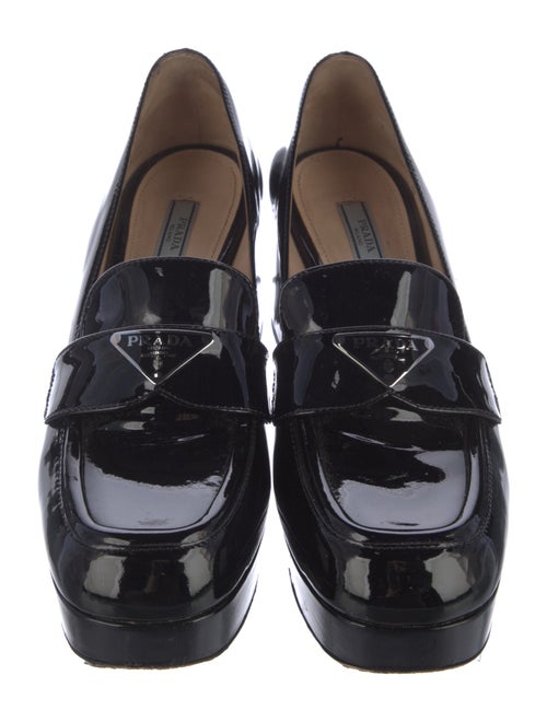 Prada Enameled Metal Triangle Patent Leather Loafers