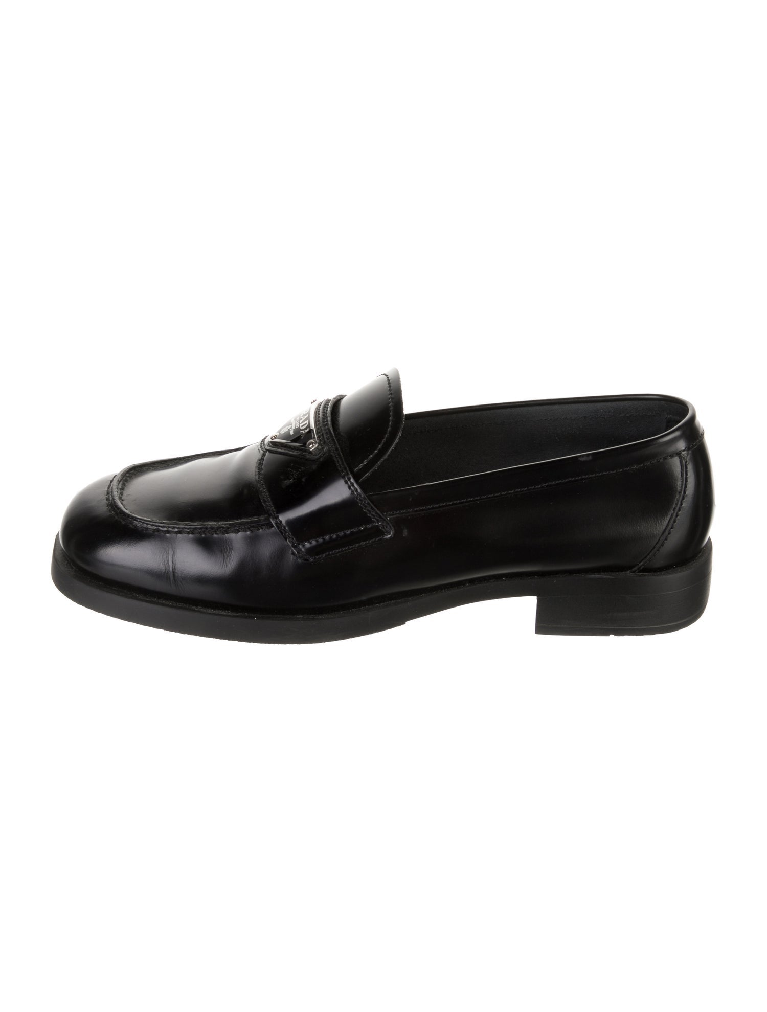 Prada Enameled Metal Triangle Leather Loafers