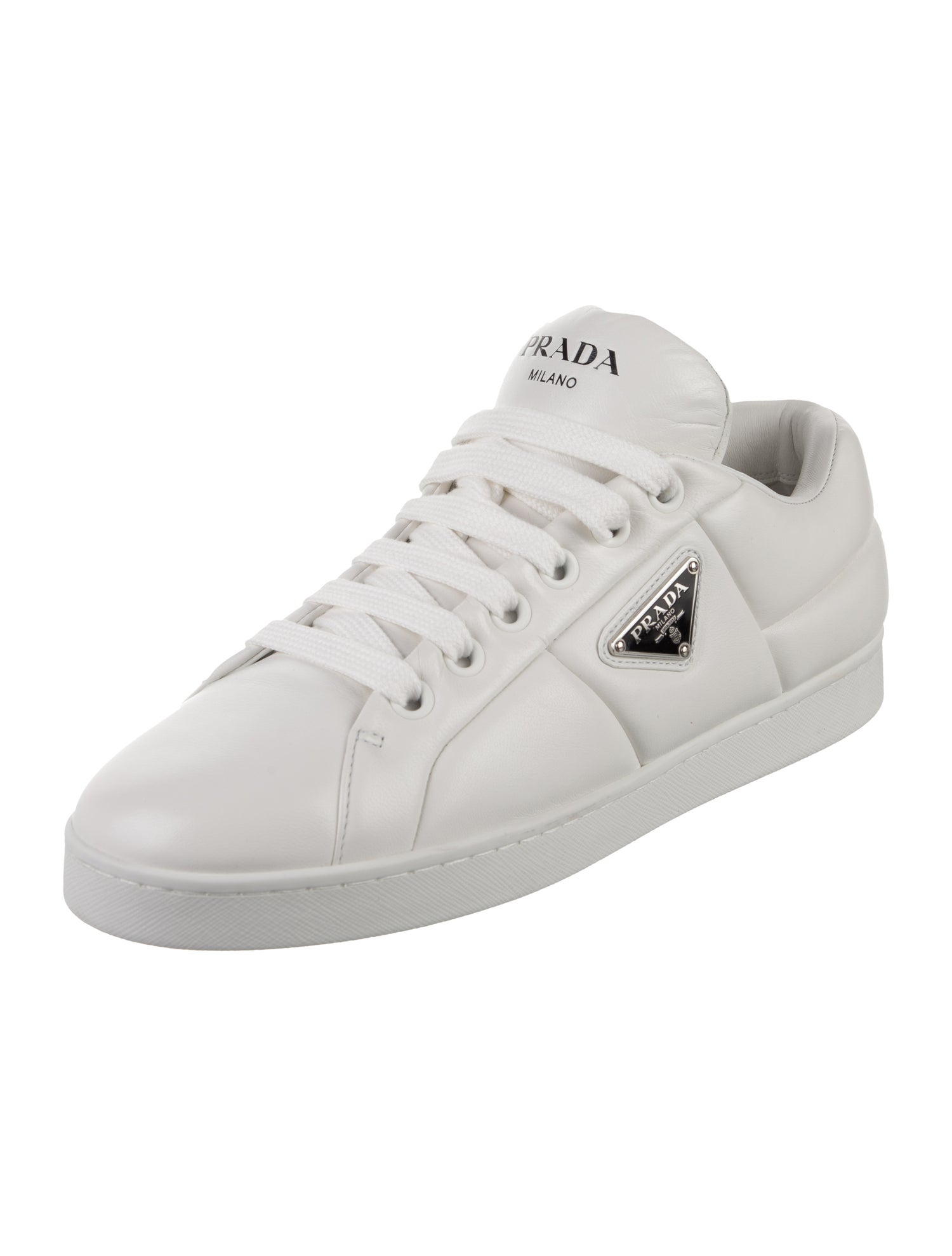 Prada Enameled Metal Triangle Leather Sneakers