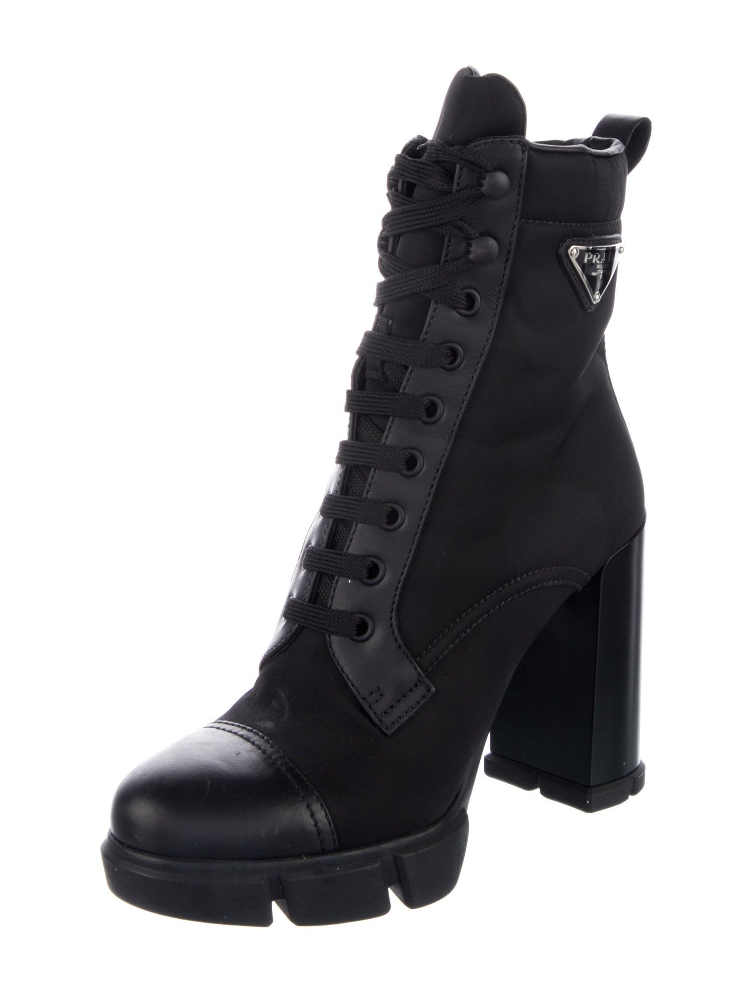 Prada Enameled Metal Triangle Nylon Lace-Up Boots