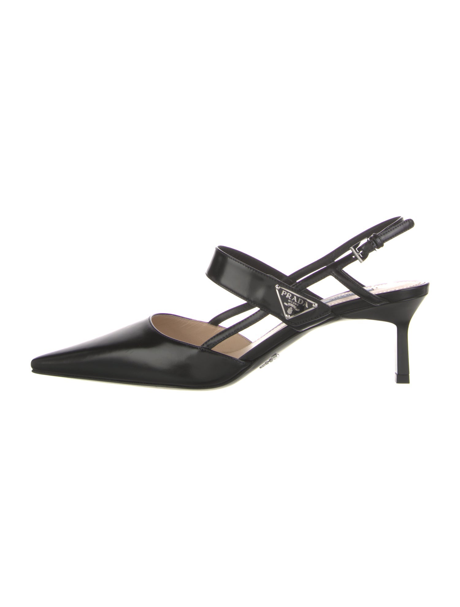 Prada Enameled Metal Triangle Leather Slingback Pumps