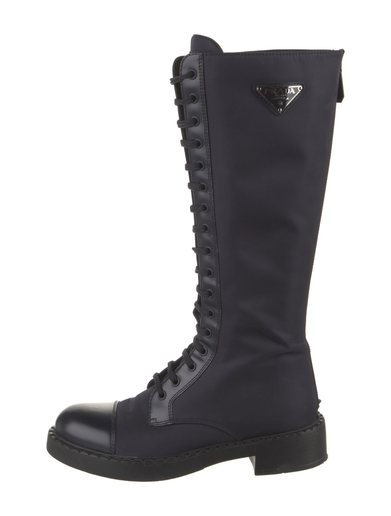 Prada Enameled Metal Triangle Nylon Combat Boots