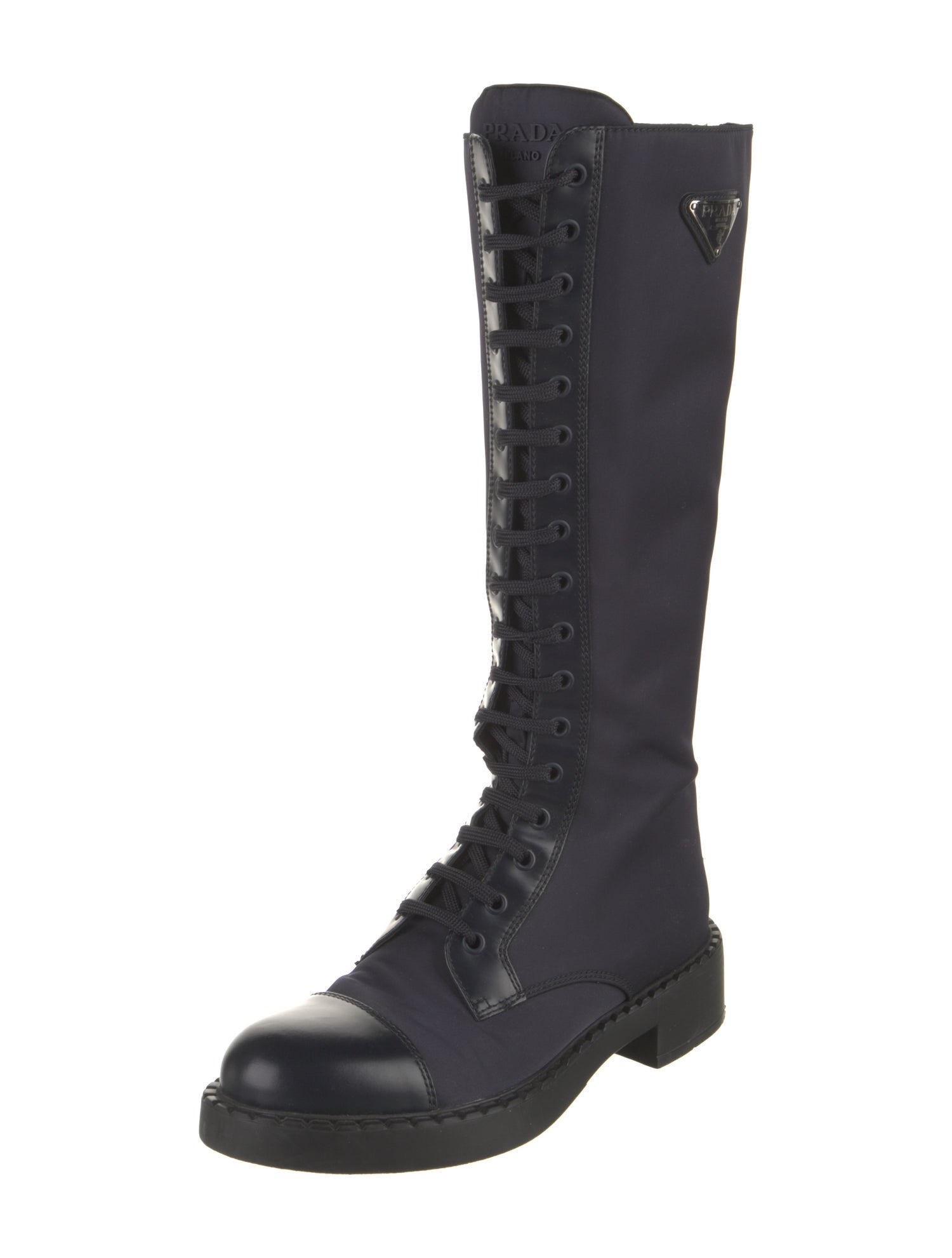 Prada Enameled Metal Triangle Nylon Combat Boots