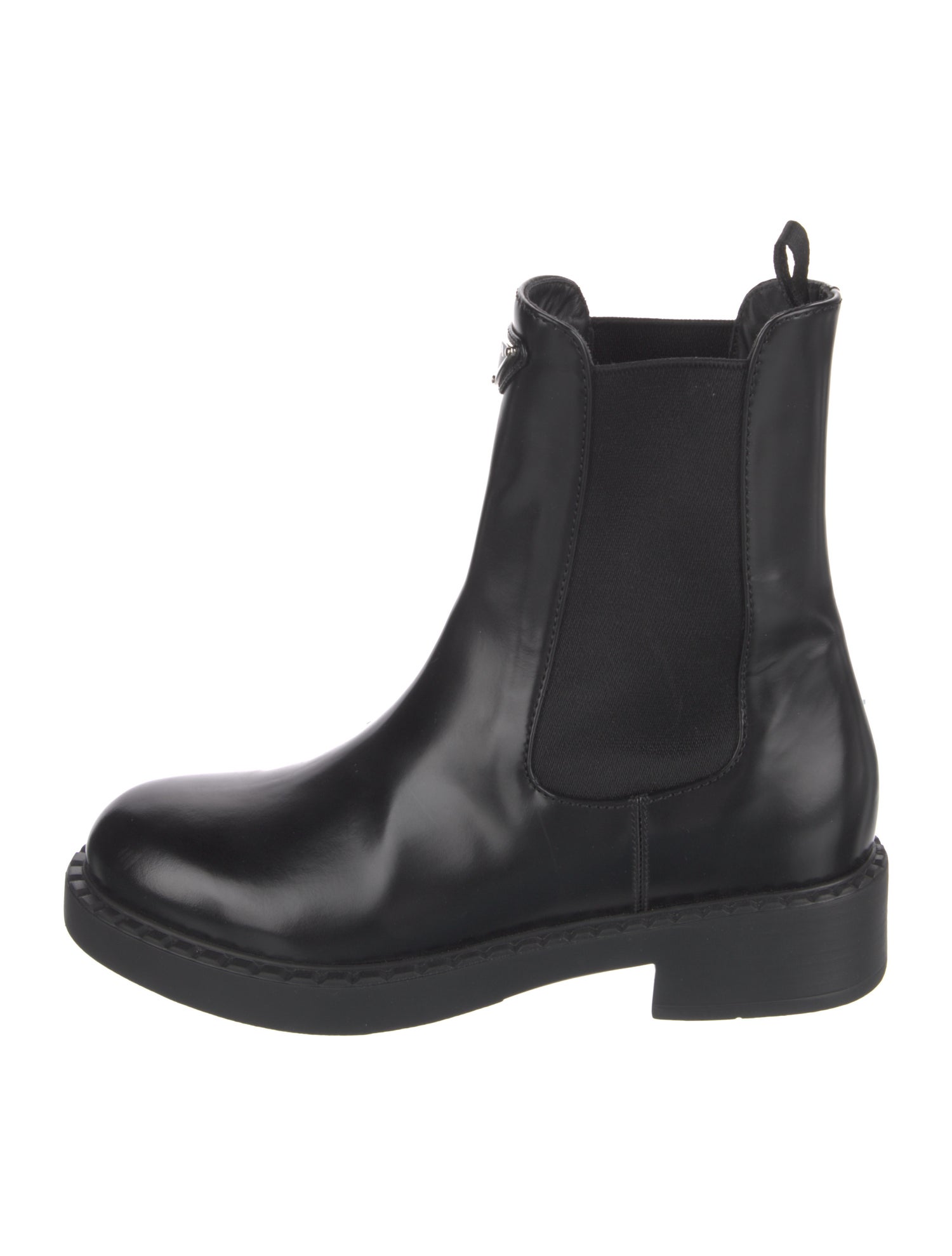 Prada Enameled Metal Triangle Leather Chelsea Boots