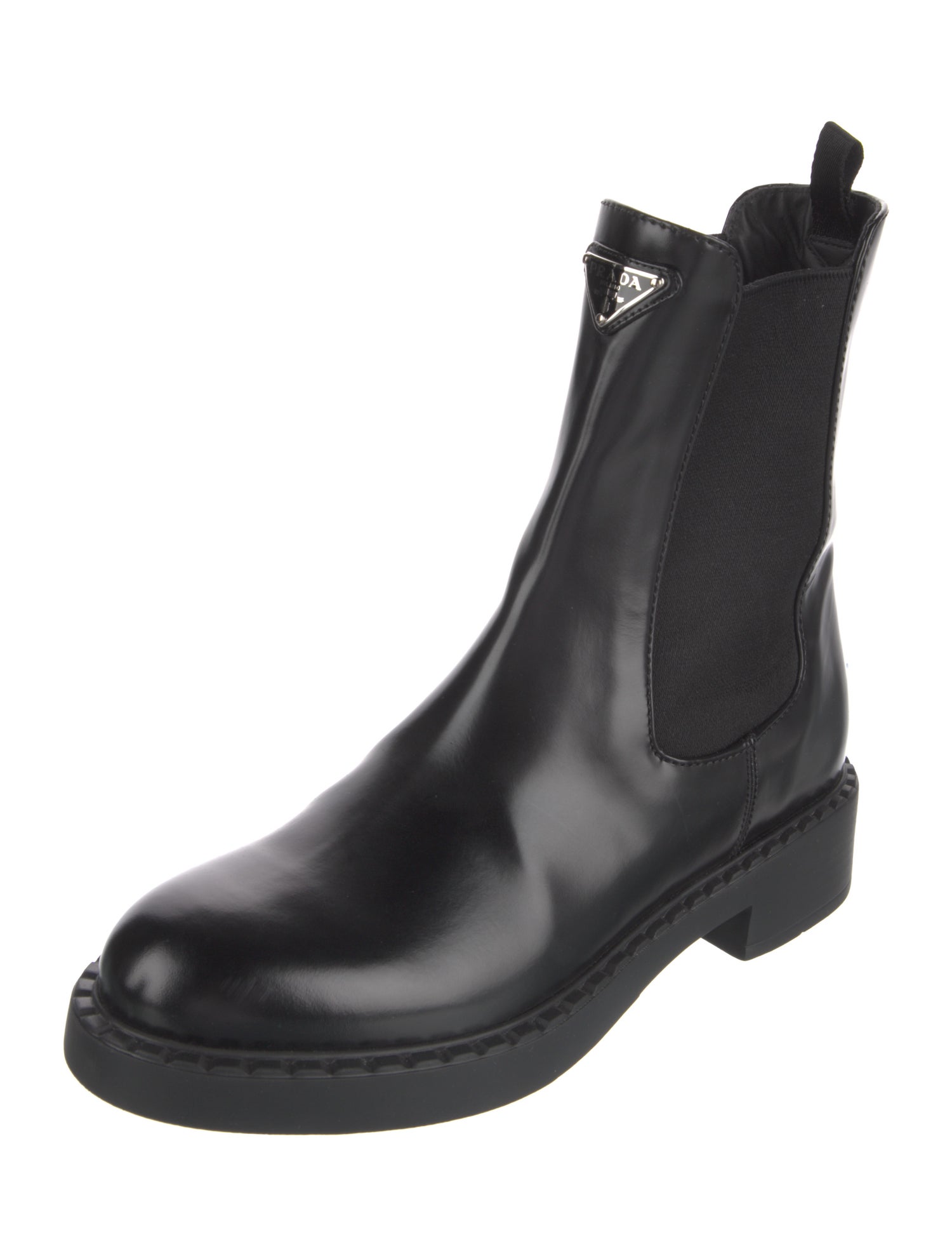 Prada Enameled Metal Triangle Leather Chelsea Boots