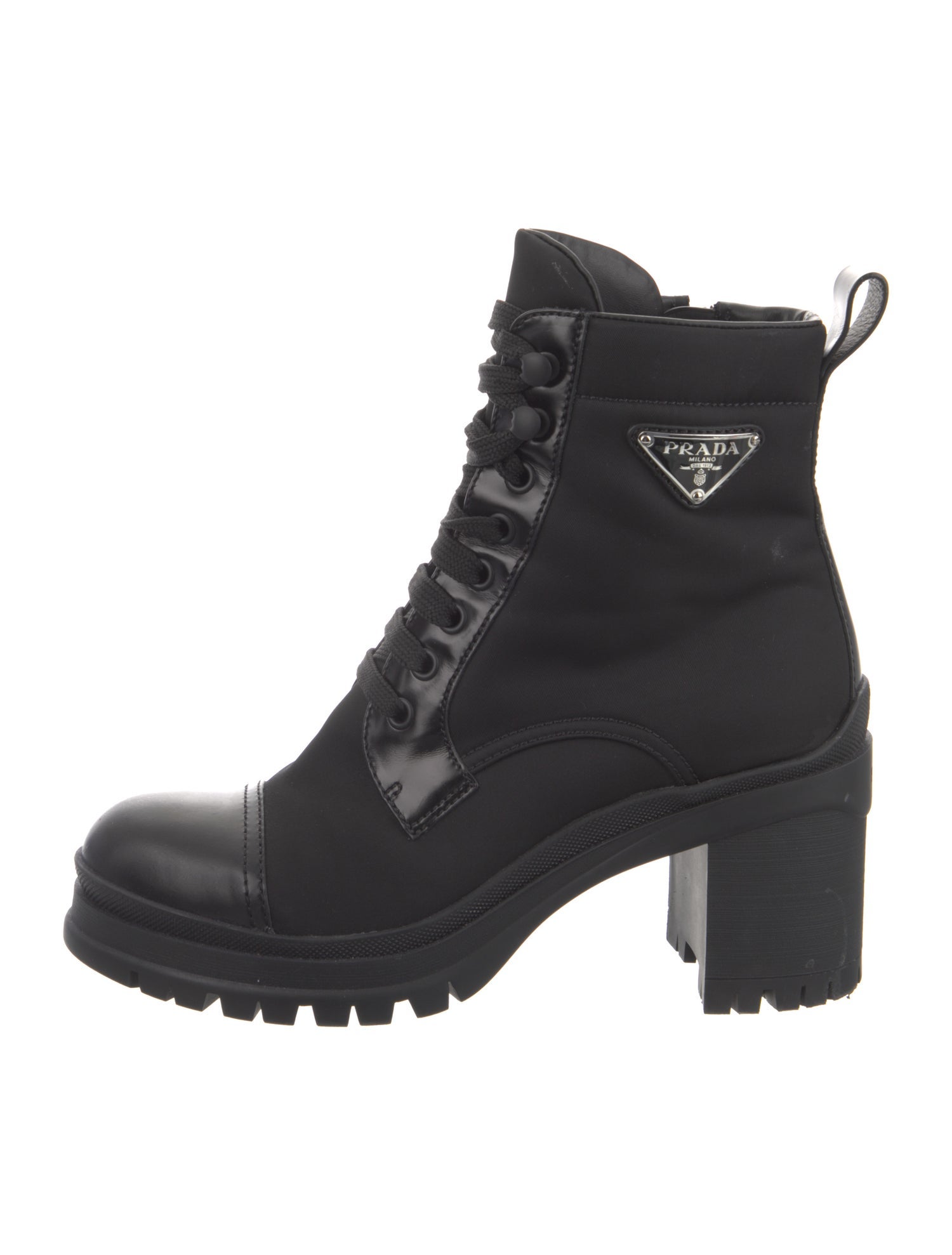 Prada Enameled Metal Triangle Nylon Combat Boots