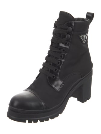 Prada Enameled Metal Triangle Nylon Combat Boots