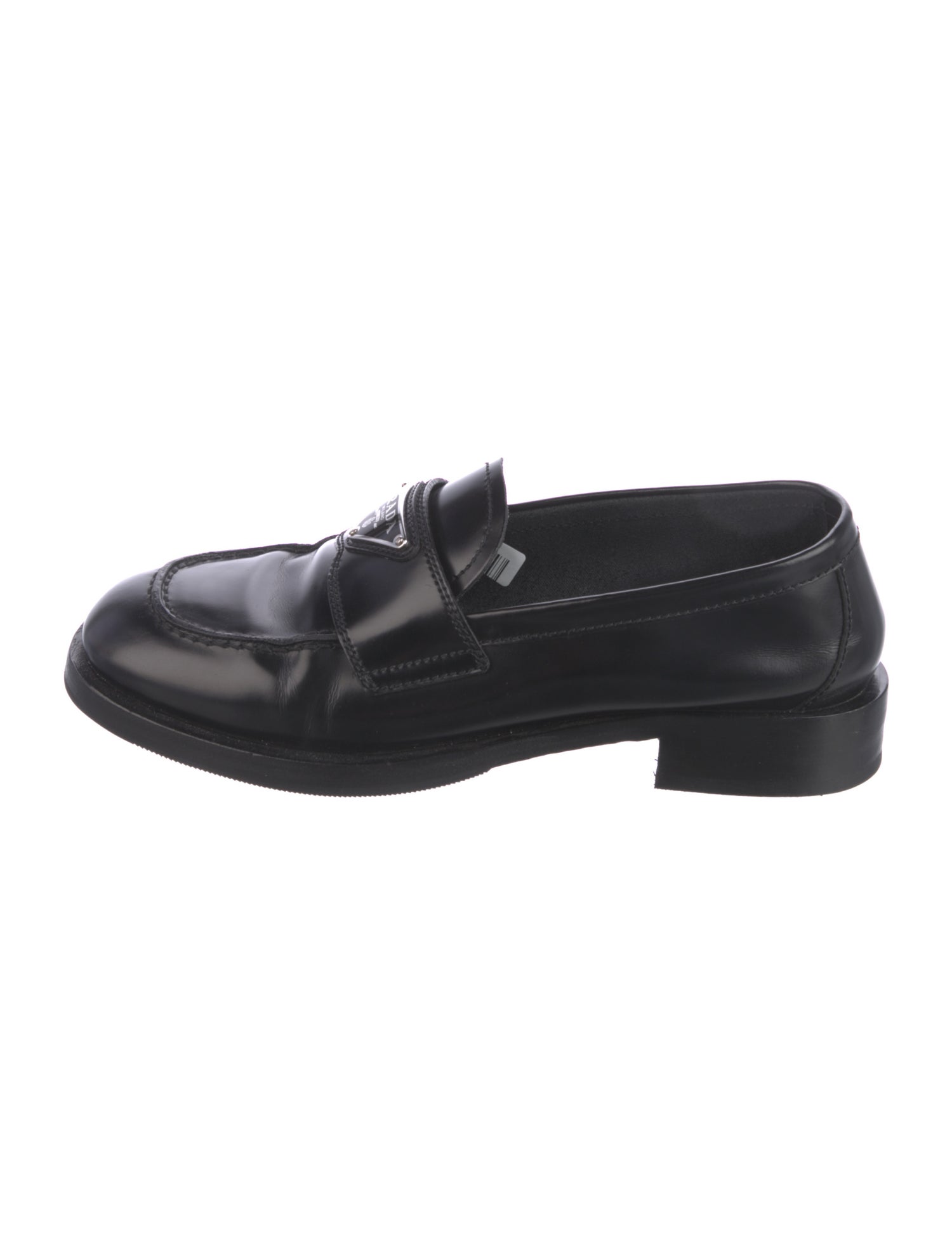 Prada Enameled Metal Triangle Leather Loafers