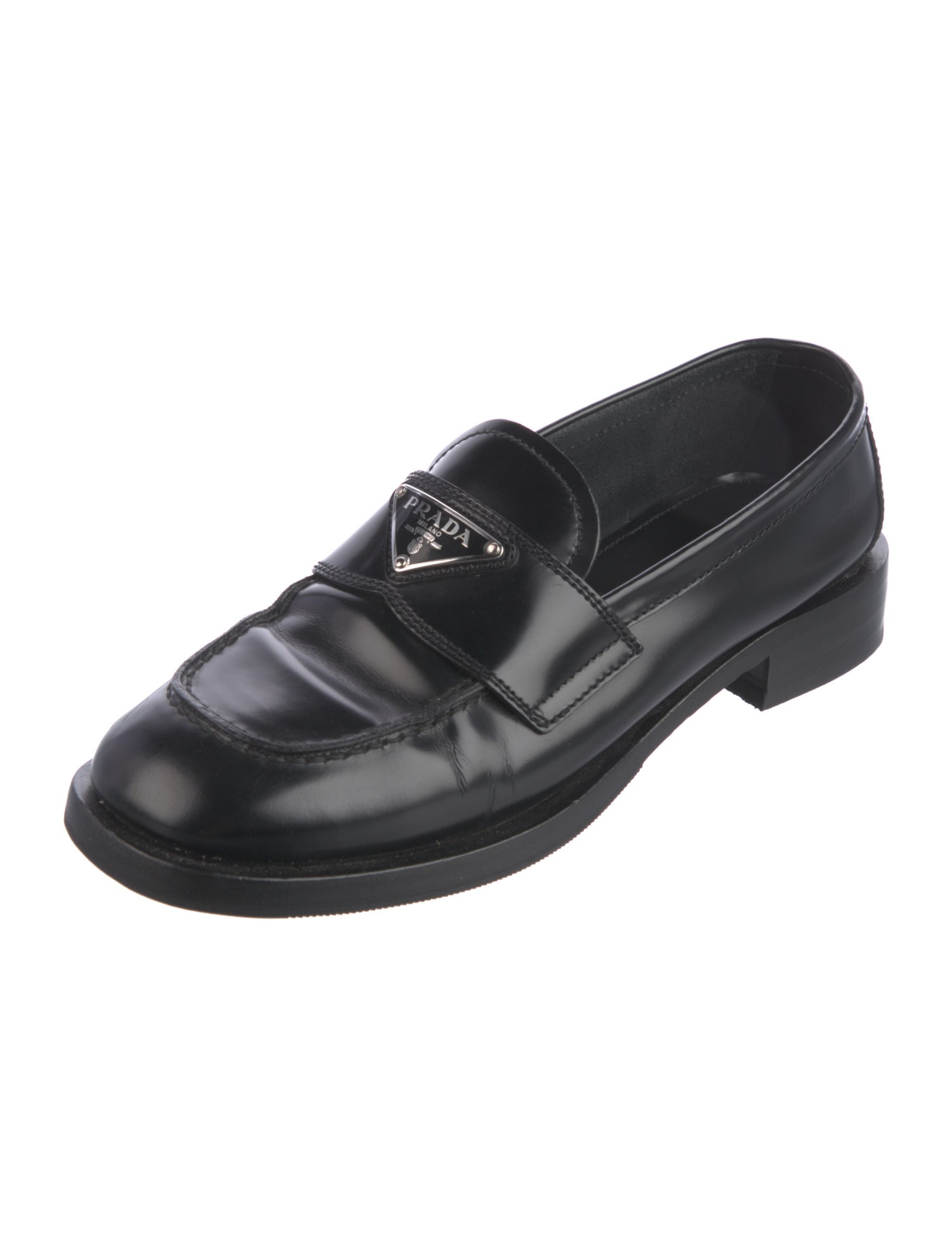 Prada Enameled Metal Triangle Leather Loafers