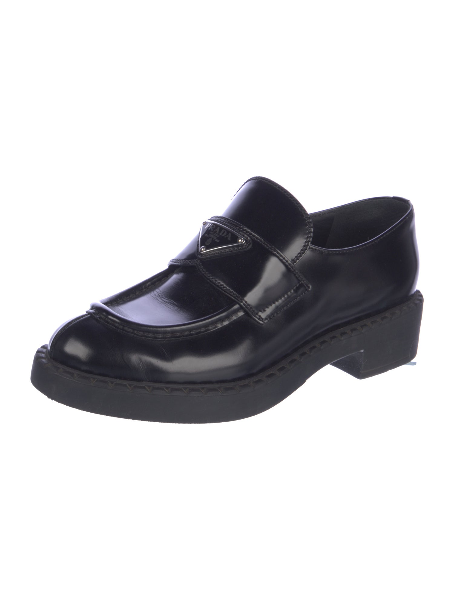 Prada Enameled Metal Triangle Leather Oxfords