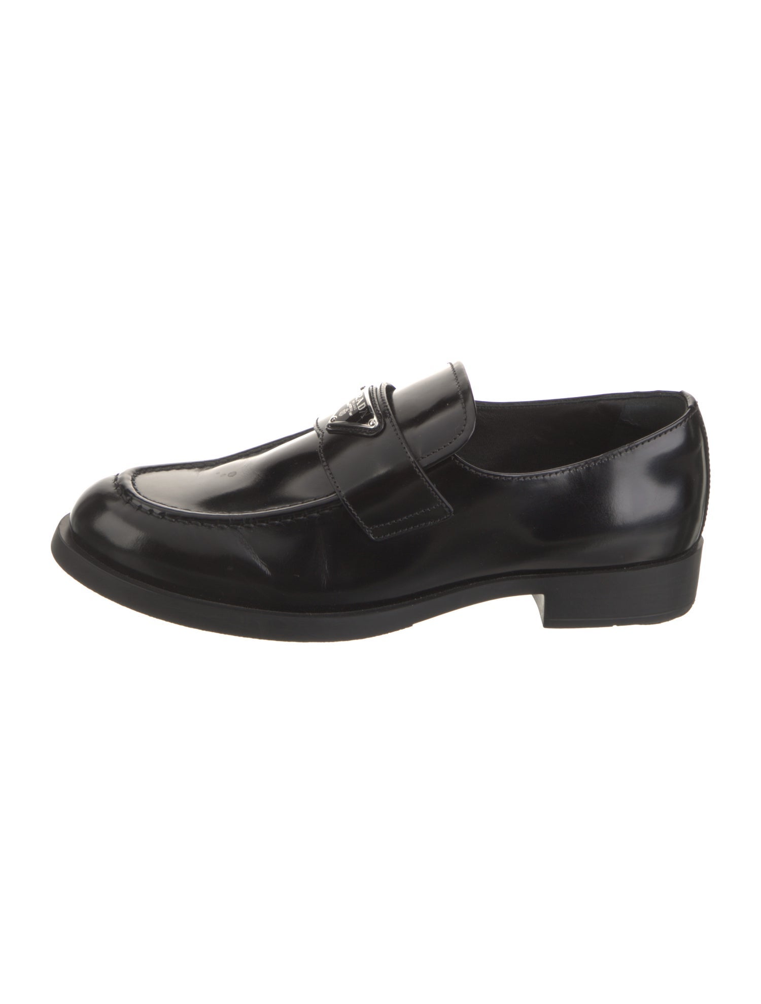 Prada Enameled Metal Triangle Leather Loafers