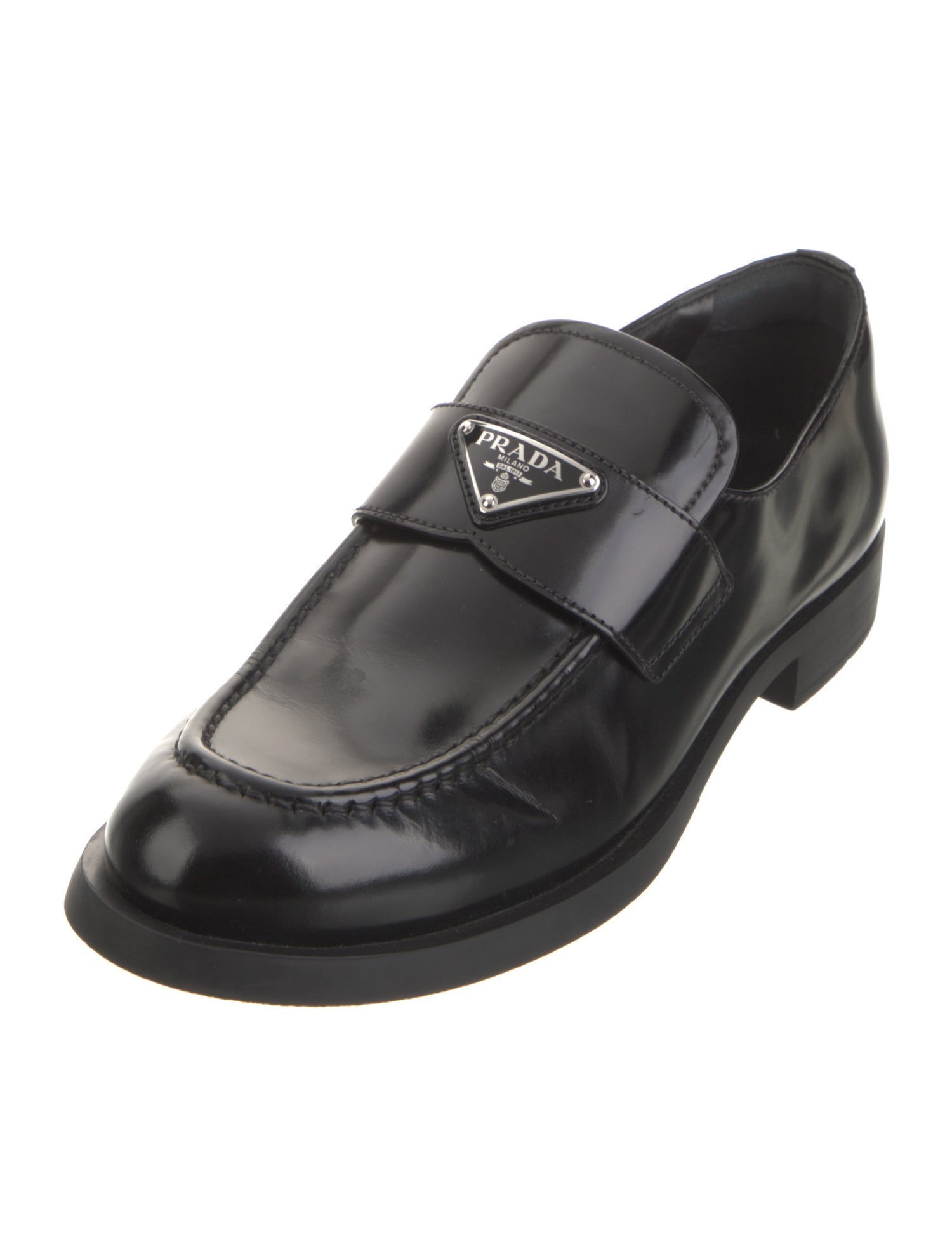 Prada Enameled Metal Triangle Leather Loafers