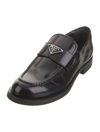 Prada Enameled Metal Triangle Leather Loafers
