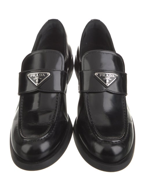 Prada Enameled Metal Triangle Leather Loafers